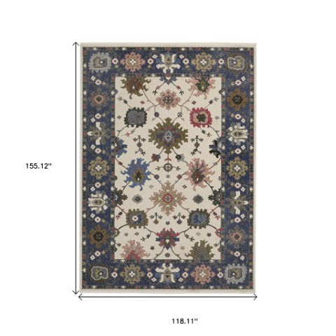 Homeroots 5' Elegant Ivory Blue Gray Floral Area Rug With Fringe - Stain Resistant, Soft Texture For Any Space 10' X 13' Polyester 574916