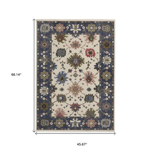 Homeroots 5' Elegant Ivory Blue Gray Floral Area Rug With Fringe - Stain Resistant, Soft Texture For Any Space 4' X 6' Polyester 574917