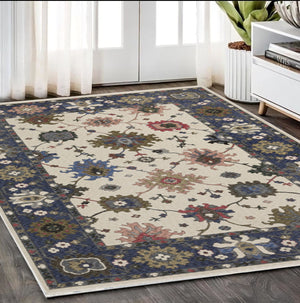 Homeroots 5' Elegant Ivory Blue Gray Floral Area Rug With Fringe - Stain Resistant, Soft Texture For Any Space 5' X 8' Polyester 574918