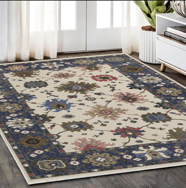 Homeroots 5' Elegant Ivory Blue Gray Floral Area Rug With Fringe - Stain Resistant, Soft Texture For Any Space 5' X 8' Polyester 574918