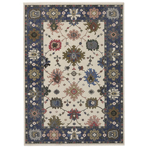 Homeroots 5' Elegant Ivory Blue Gray Floral Area Rug With Fringe - Stain Resistant, Soft Texture For Any Space 7' X 10' Polyester 574919