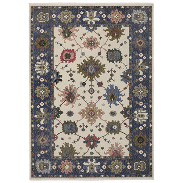 Homeroots 5' Elegant Ivory Blue Gray Floral Area Rug With Fringe - Stain Resistant, Soft Texture For Any Space 7' X 10' Polyester 574919