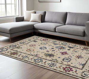 Homeroots 5' Elegant Ivory Blue Gray Floral Area Rug With Fringe - Stain Resistant, Soft Texture For Any Space 10' X 13' Polyester 574921