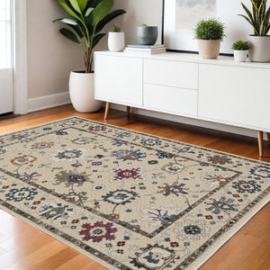 Homeroots 5' Elegant Ivory Blue Gray Floral Area Rug With Fringe - Stain Resistant, Soft Texture For Any Space 4' X 6' Polyester 574922