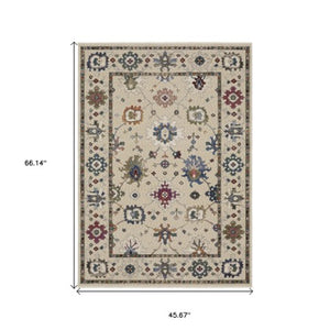 Homeroots 5' Elegant Ivory Blue Gray Floral Area Rug With Fringe - Stain Resistant, Soft Texture For Any Space 4' X 6' Polyester 574922