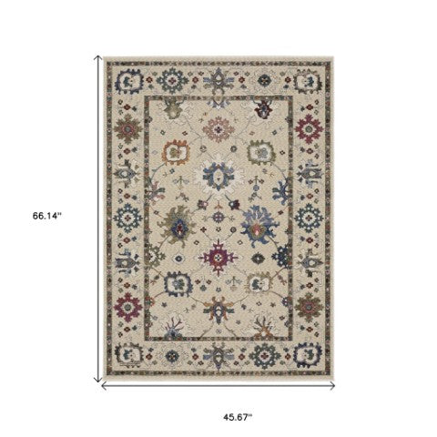 Homeroots 5' Elegant Ivory Blue Gray Floral Area Rug With Fringe - Stain Resistant, Soft Texture For Any Space 4' X 6' Polyester 574922