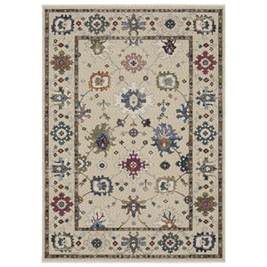HomeRoots 5' Elegant Ivory, Blue, and Gray Floral Area Rug with Fringe - Durable, Stain Resistant Design 7' X 10' 574923