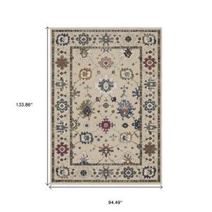 Homeroots 5' Elegant Ivory Blue Gray Floral Area Rug With Fringe - Stain Resistant, Soft Texture For Any Space 8' X 11' Polyester 574924
