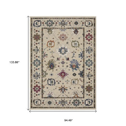 Homeroots 5' Elegant Ivory Blue Gray Floral Area Rug With Fringe - Stain Resistant, Soft Texture For Any Space 8' X 11' Polyester 574924