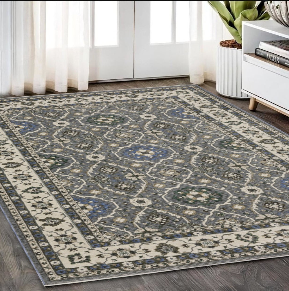 HomeRoots 5' Classic Blue and Gray Oriental Area Rug with Fringed Edges - Durable, Stain-Resistant Design 5' X 8' 574925
