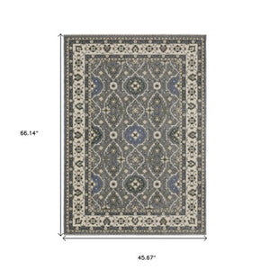 Homeroots 5' Blue Oriental Area Rug With Fringe - Stylish, Stain-resistant Design For Kids & Pets' Spaces 4' X 6' Polyester 574932