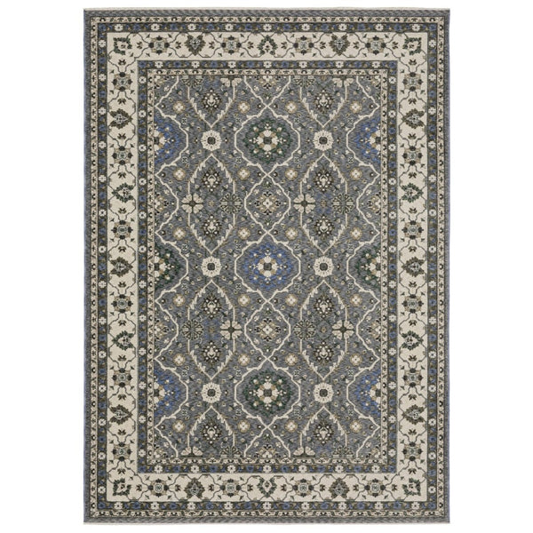 HomeRoots 5' Classic Blue and Gray Oriental Area Rug with Fringed Edges - Durable, Stain-Resistant Design 7' X 10' 574933