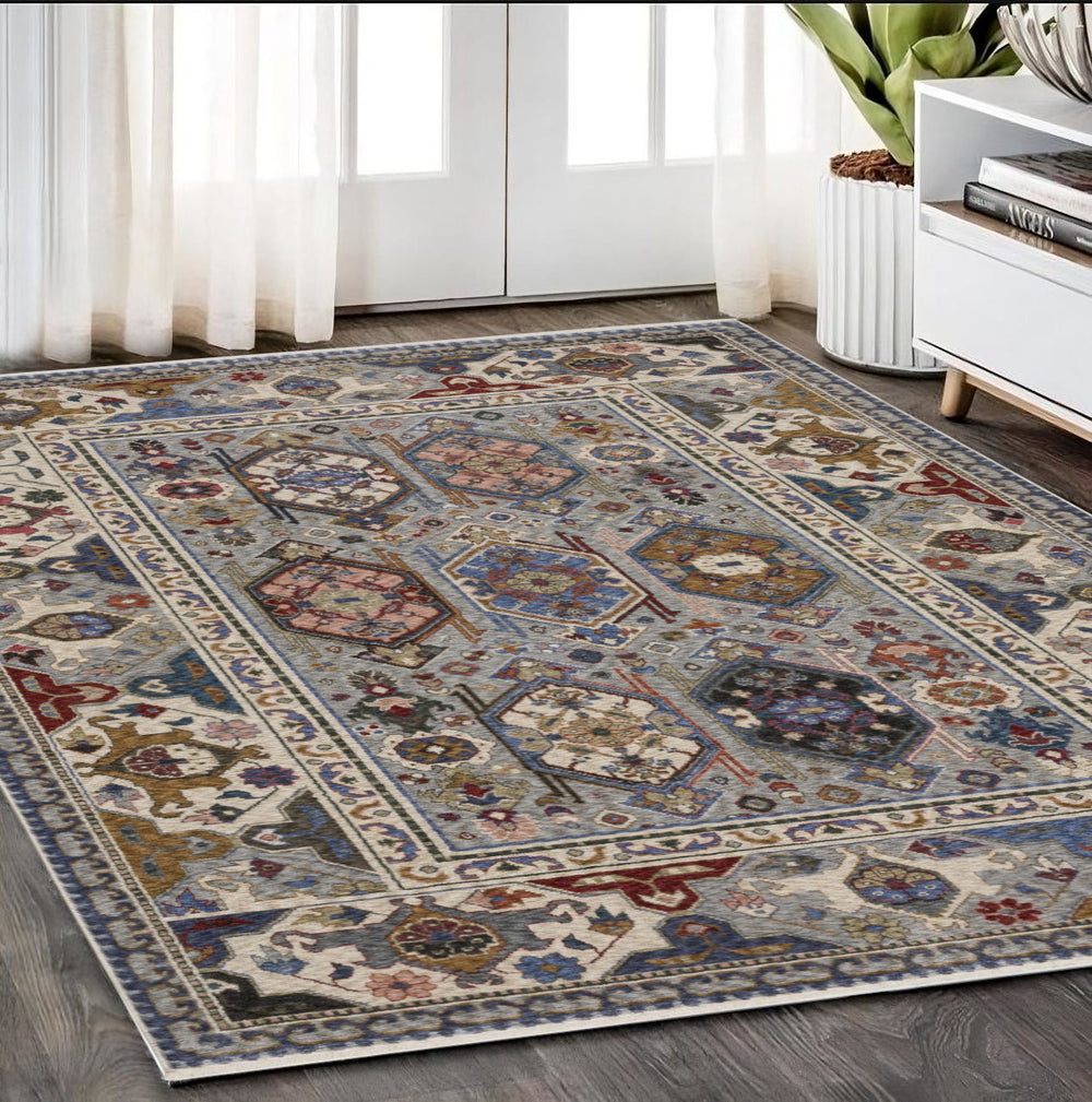 Homeroots 5' Blue Oriental Area Rug With Stylish Fringe - Stain Resistant, Perfect For Homes With Kids & Pets! 5' X 8' Polyester 574935