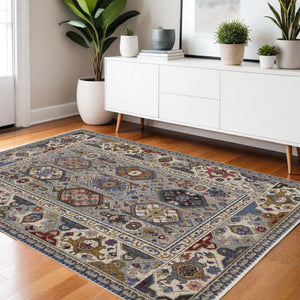 HomeRoots 5' Blue and Gray Oriental Area Rug with Fringed Tassels – Durable, Stain-Resistant, Elegant Design 4' X 6' 574937
