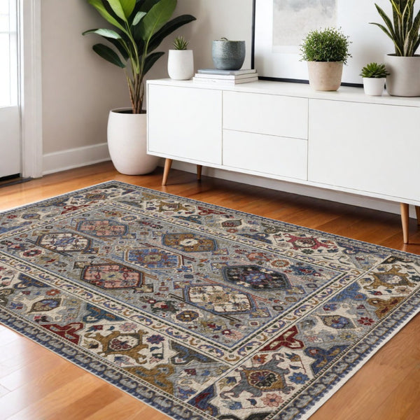 HomeRoots 5' Blue and Gray Oriental Area Rug with Fringed Tassels – Durable, Stain-Resistant, Elegant Design 4' X 6' 574937