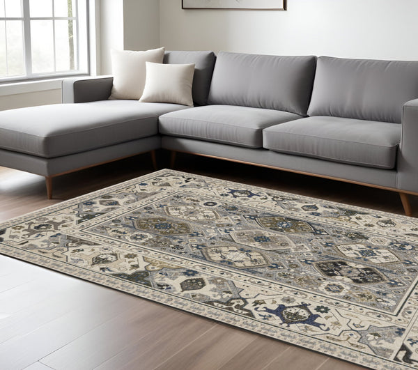 Homeroots 5' Blue Oriental Area Rug With Stylish Fringe - Stain Resistant, Perfect For Homes With Kids & Pets! 7' X 10' Polyester 574943