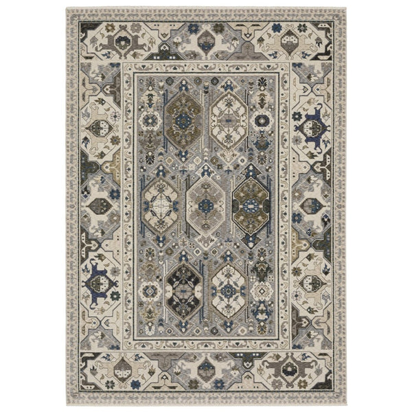 HomeRoots 5' Blue and Gray Oriental Area Rug with Fringed Tassels – Durable, Stain-Resistant, Elegant Design 7' X 10' 574943