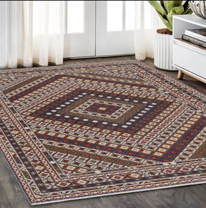 Homeroots 5' Elegant Ivory And Red Diamond Area Rug With Fringe - Stain Resistant, Perfect For Cozy Spaces 5' X 8' Polyester 574945
