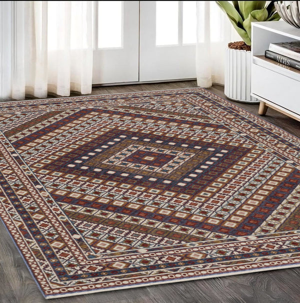 Homeroots 5' Elegant Ivory And Red Diamond Area Rug With Fringe - Stain Resistant, Perfect For Cozy Spaces 5' X 8' Polyester 574945