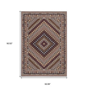 Homeroots 5' Elegant Ivory And Red Diamond Area Rug With Fringe - Stain Resistant, Perfect For Cozy Spaces 5' X 8' Polyester 574945