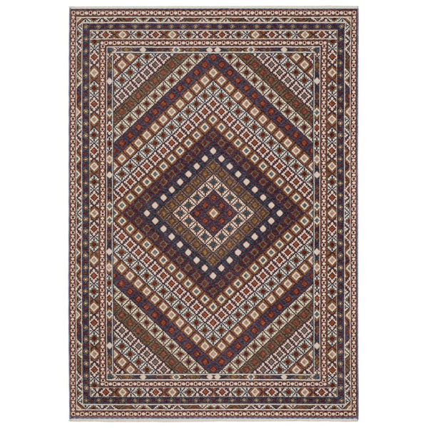 Homeroots 5' Elegant Ivory And Red Diamond Area Rug With Fringe - Stain Resistant, Perfect For Cozy Spaces 10' X 13' Polyester 574946