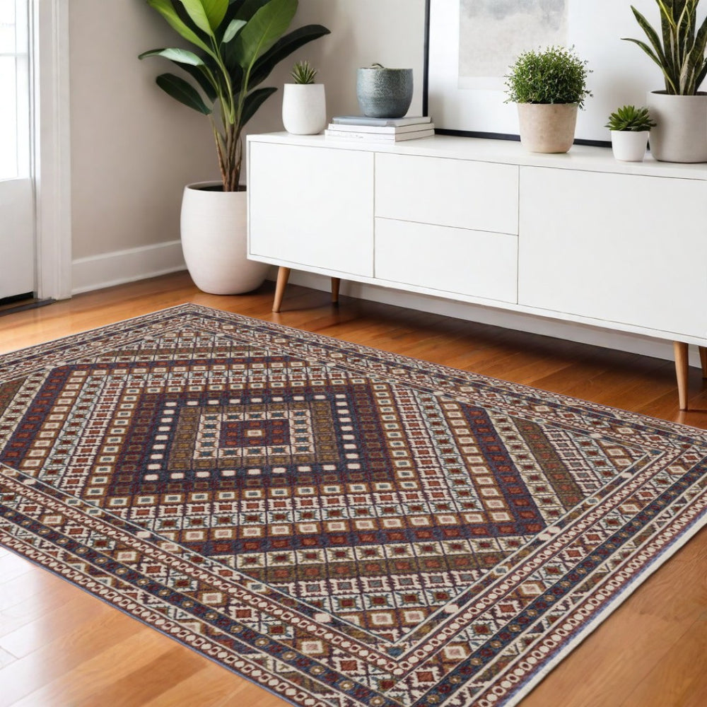 HomeRoots 5' Elegant Ivory, Red & Tan Diamond Area Rug with Fringed Edges – Stain & Fade Resistant Design 4' X 6' 574947