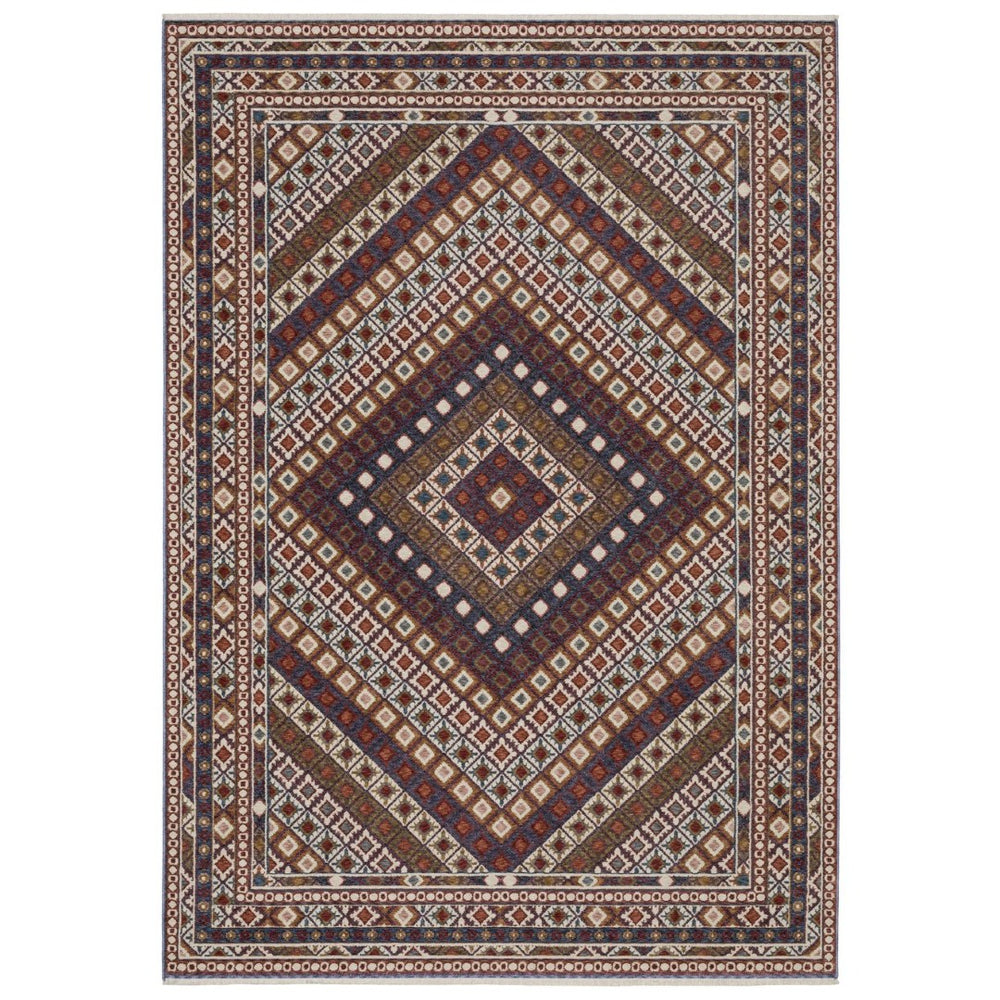 HomeRoots 5' Elegant Ivory, Red & Tan Diamond Area Rug with Fringed Edges – Stain & Fade Resistant Design 4' X 6' 574947