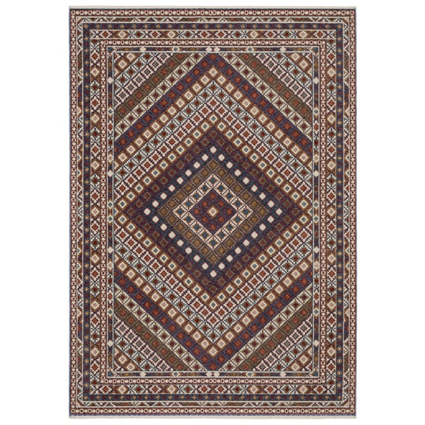 HomeRoots 5' Elegant Ivory, Red & Tan Diamond Area Rug with Fringed Edges – Stain & Fade Resistant Design 8' X 11' 574949