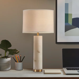JLA Home INK+IVY - Alabaster Table Lamp with Gold Accents — Unique Veined Stone, White Drum Shade, Warm Ambient Light MP153-0144