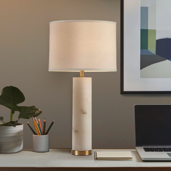 JLA Home INK+IVY - Alabaster Table Lamp with Gold Accents — Unique Veined Stone, White Drum Shade, Warm Ambient Light MP153-0144