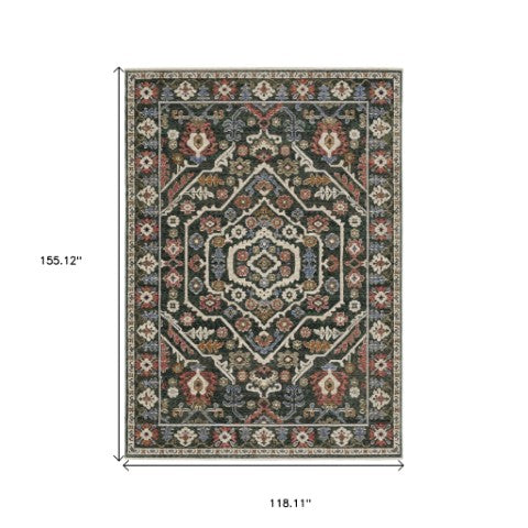 Homeroots 5' Floral Green Area Rug With Fringe - Stylish, Stain-resistant Design For Kid & Pet-friendly Homes 10' X 13' Polyester 574951