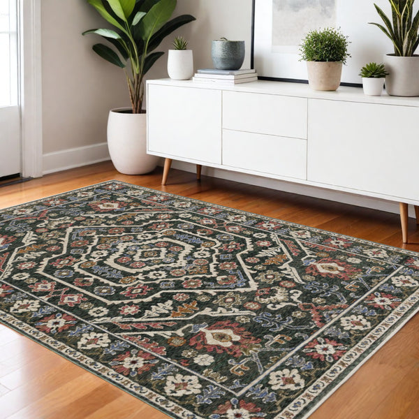 Homeroots 5' Floral Green Area Rug With Fringe - Stylish, Stain-resistant Design For Kid & Pet-friendly Homes 4' X 6' Polyester 574952