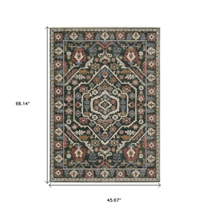 Homeroots 5' Floral Green Area Rug With Fringe - Stylish, Stain-resistant Design For Kid & Pet-friendly Homes 4' X 6' Polyester 574952