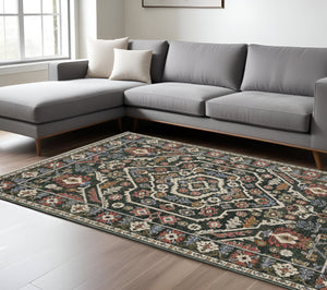 Homeroots 5' Floral Green Area Rug With Fringe - Stylish, Stain-resistant Design For Kid & Pet-friendly Homes 8' X 11' Polyester 574954