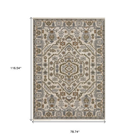 Homeroots 5' Floral Green Area Rug With Fringe - Stylish, Stain-resistant Design For Kid & Pet-friendly Homes 7' X 10' Polyester 574958