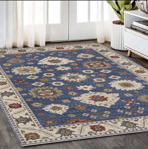 Homeroots 5' Floral Blue Area Rug With Fringe - Stylish, Stain-resistant Design For Any Living Space Decor 5' X 8' Polyester 574960
