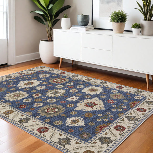 Homeroots 5' Floral Blue Area Rug With Fringe - Stylish, Stain-resistant Design For Any Living Space Decor 4' X 6' Polyester 574962