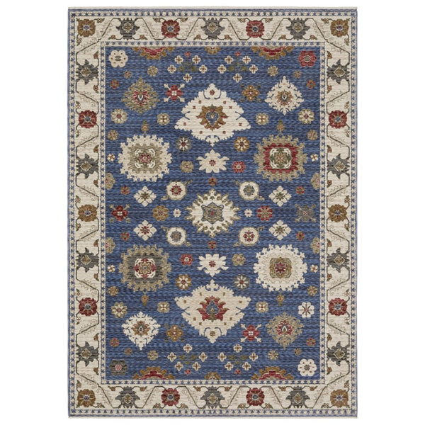 HomeRoots 5' Blue and Ivory Floral Area Rug with Tasseled Fringe – Durable, Stain-Resistant Design for Homes 4' X 6' 574962