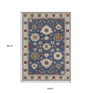 Homeroots 5' Floral Blue Area Rug With Fringe - Stylish, Stain-resistant Design For Any Living Space Decor 4' X 6' Polyester 574962