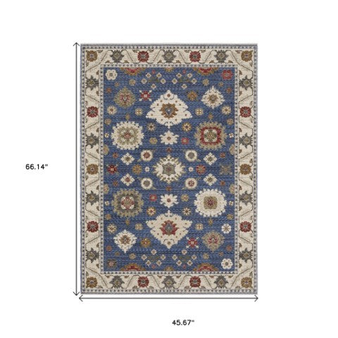 Homeroots 5' Floral Blue Area Rug With Fringe - Stylish, Stain-resistant Design For Any Living Space Decor 4' X 6' Polyester 574962