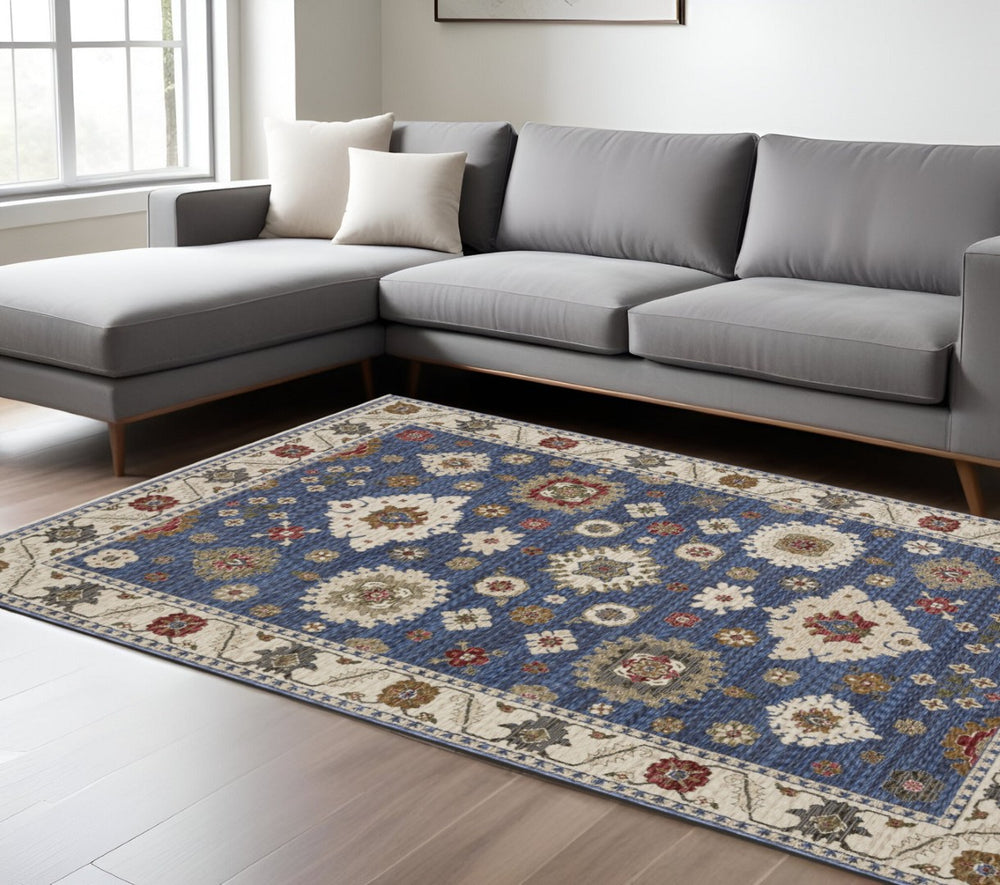 HomeRoots 5' Blue and Ivory Floral Area Rug with Tasseled Fringe – Durable, Stain-Resistant Design for Homes 8' X 11' 574964