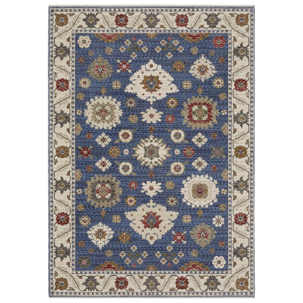 HomeRoots 5' Blue and Ivory Floral Area Rug with Tasseled Fringe – Durable, Stain-Resistant Design for Homes 8' X 11' 574964