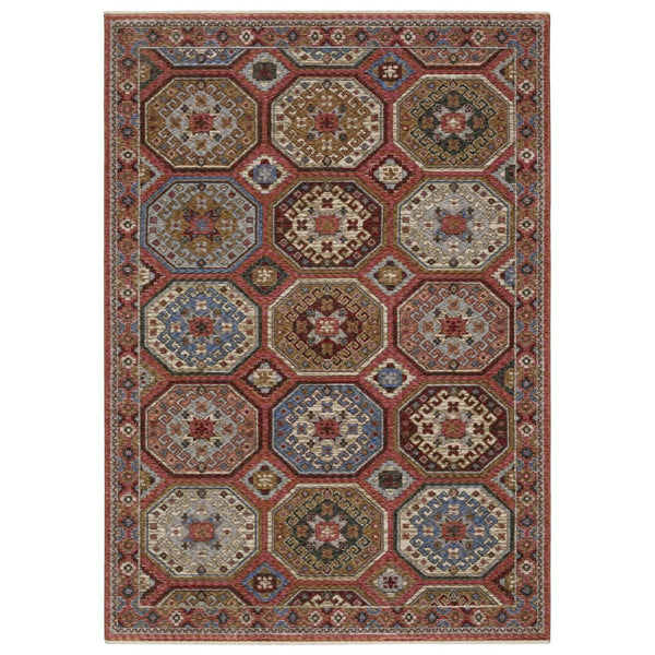 HomeRoots 5' Pink and Red Medallion Area Rug with Fringe - Bohemian Style, Durable, Soft, Stain Resistant Design 7' X 10' 574973
