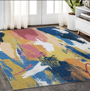 HomeRoots 5' Modern Blue and Gold Abstract Area Rug - Durable, Non-Skid, Stain-Resistant for High-Traffic Homes 5' X 7' 574975