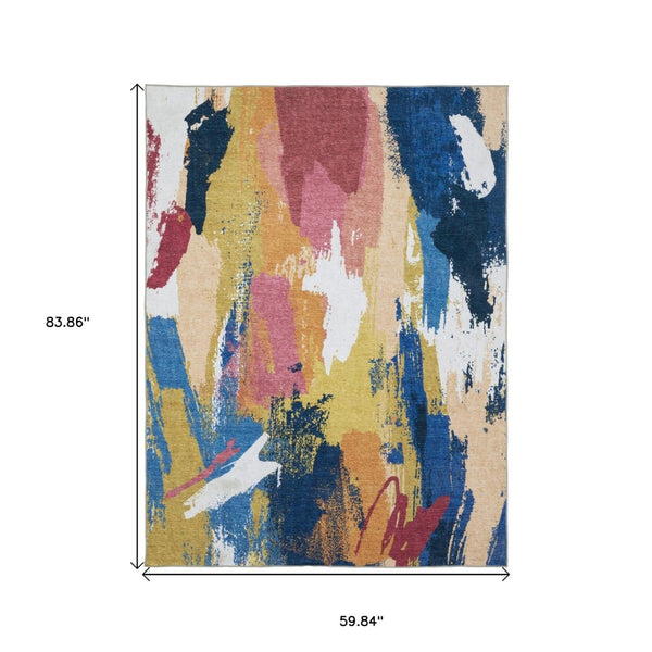 HomeRoots 5' Modern Blue and Gold Abstract Area Rug - Durable, Non-Skid, Stain-Resistant for High-Traffic Homes 5' X 7' 574975