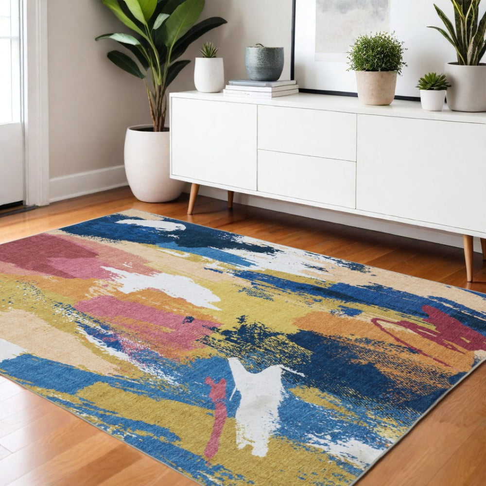 HomeRoots 5' Modern Blue and Gold Abstract Area Rug - Durable, Non-Skid, Stain-Resistant for High-Traffic Homes 4' X 6' 574976