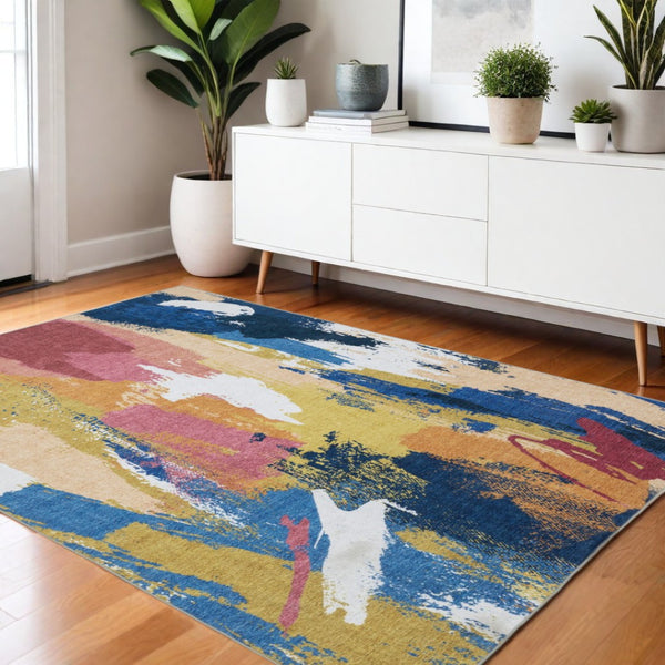 HomeRoots 5' Modern Blue and Gold Abstract Area Rug - Durable, Non-Skid, Stain-Resistant for High-Traffic Homes 4' X 6' 574976