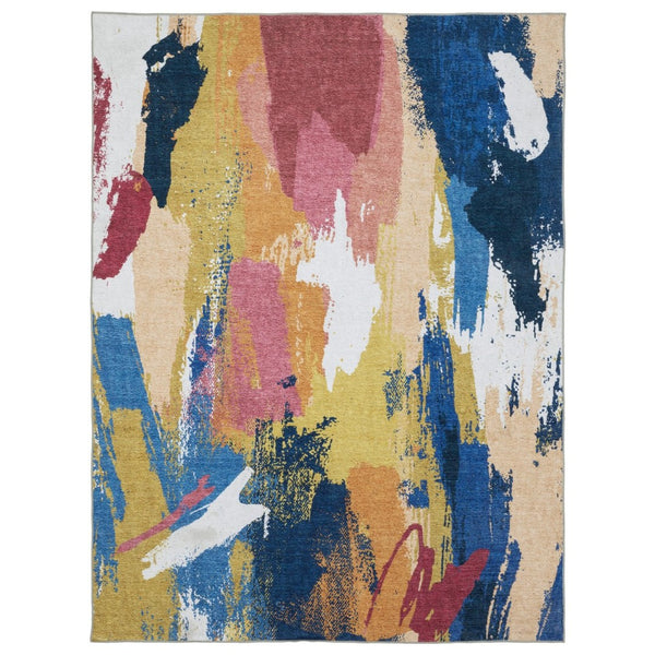 HomeRoots 5' Modern Blue and Gold Abstract Area Rug - Durable, Non-Skid, Stain-Resistant for High-Traffic Homes 4' X 6' 574976