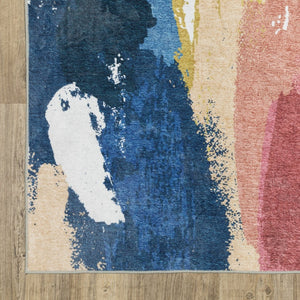 HomeRoots 5' Modern Blue and Gold Abstract Area Rug - Durable, Non-Skid, Stain-Resistant for High-Traffic Homes 4' X 6' 574976