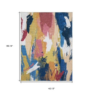 HomeRoots 5' Modern Blue and Gold Abstract Area Rug - Durable, Non-Skid, Stain-Resistant for High-Traffic Homes 4' X 6' 574976